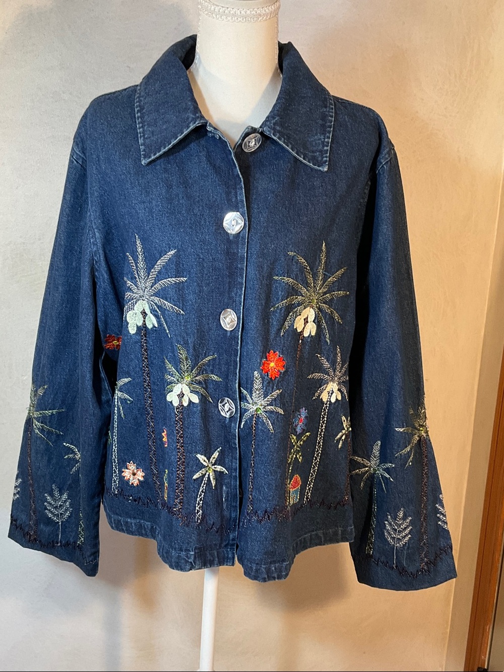 new directions Navy Blue Embroidered Palm Denim Jacket